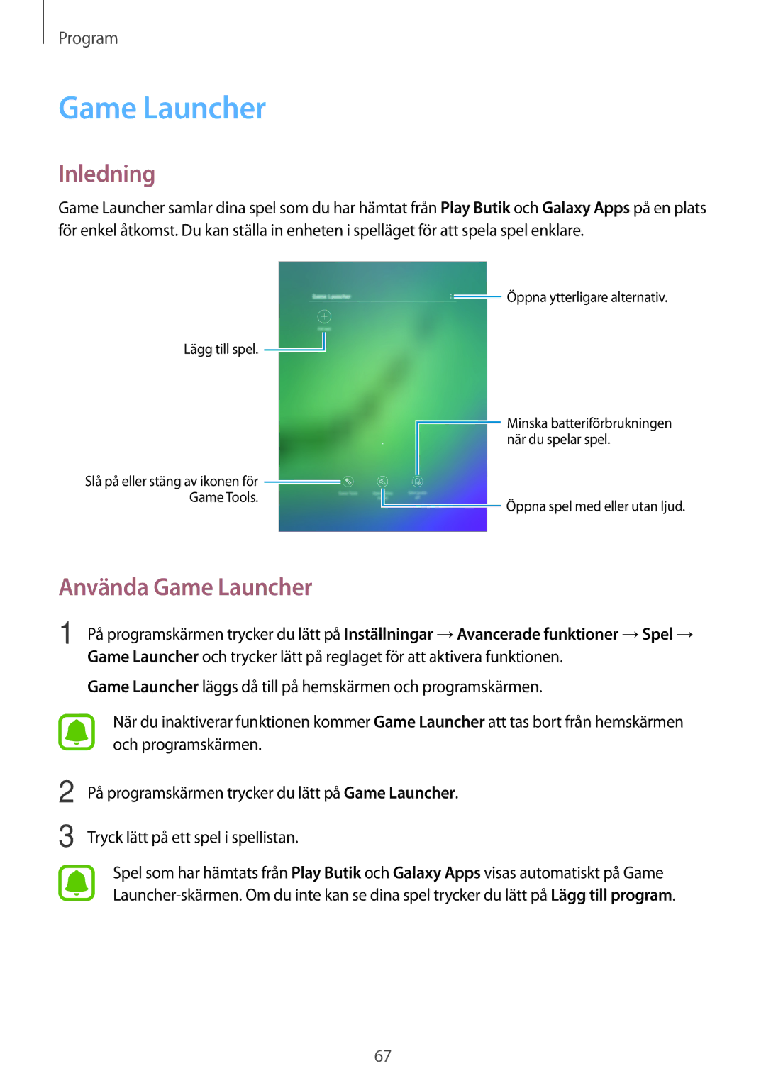 Samsung SM-T813NZWENEE, SM-T713NZWENEE, SM-T813NZKENEE, SM-T713NZKENEE manual Använda Game Launcher 