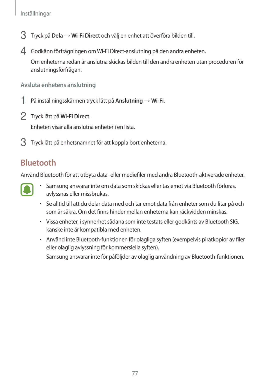 Samsung SM-T813NZKENEE, SM-T713NZWENEE, SM-T713NZKENEE, SM-T813NZWENEE manual Bluetooth, Avsluta enhetens anslutning 