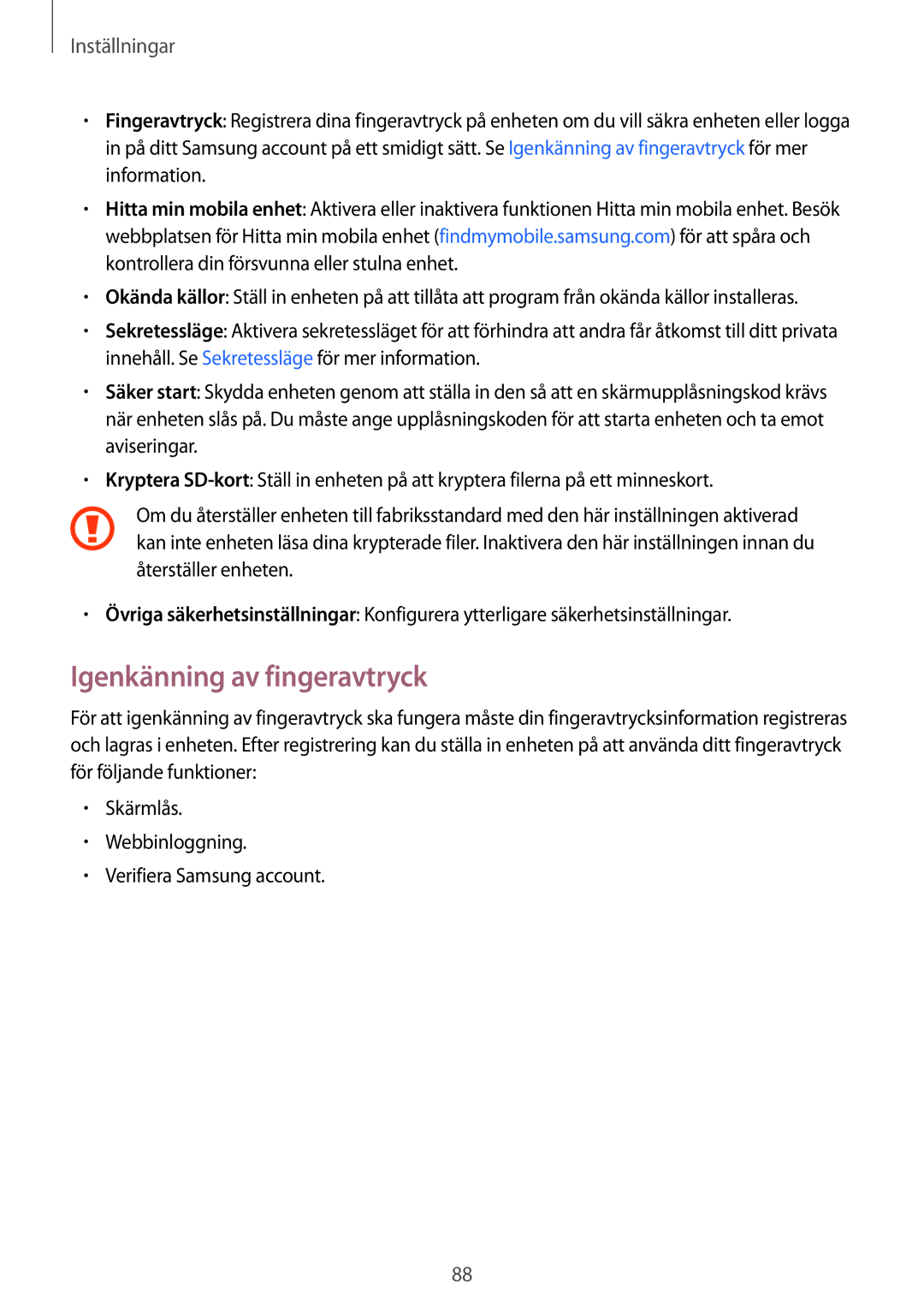 Samsung SM-T713NZWENEE, SM-T813NZKENEE, SM-T713NZKENEE, SM-T813NZWENEE manual Igenkänning av fingeravtryck 