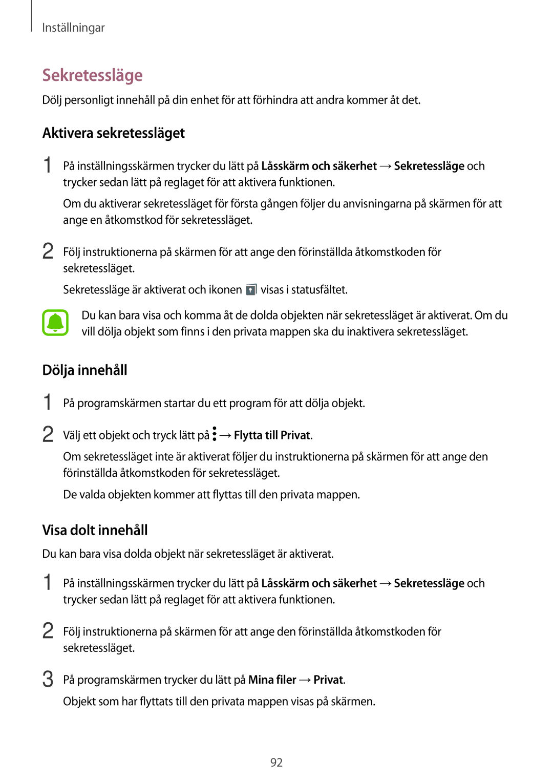 Samsung SM-T713NZWENEE, SM-T813NZKENEE manual Sekretessläge, Aktivera sekretessläget, Dölja innehåll, Visa dolt innehåll 