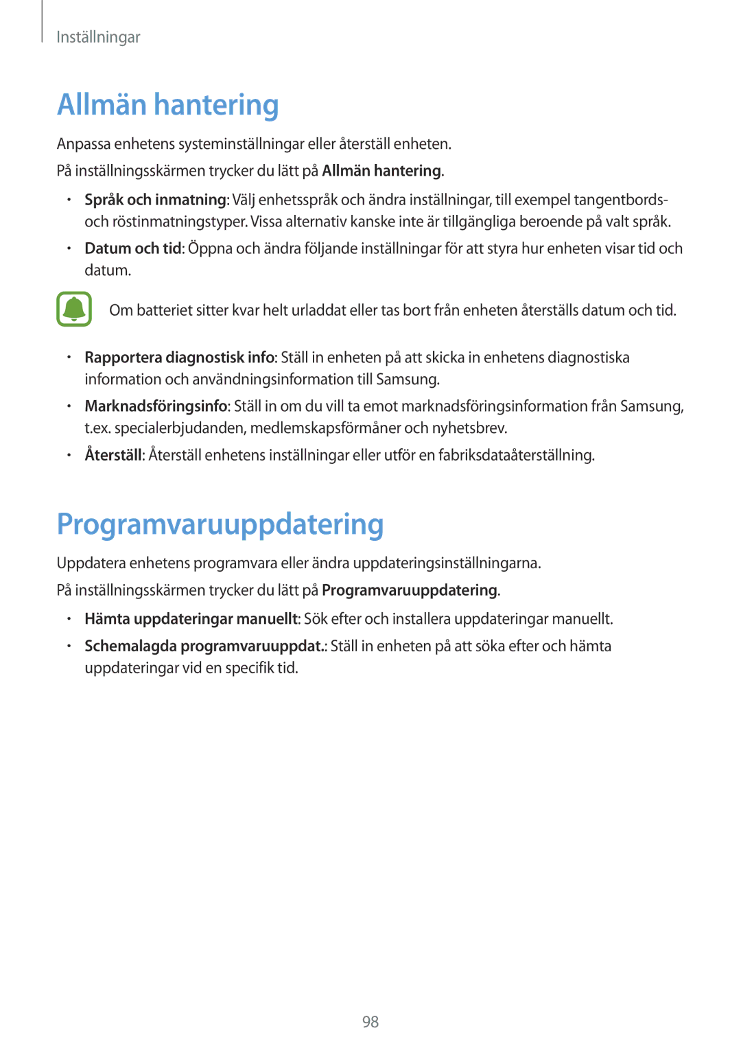 Samsung SM-T713NZKENEE, SM-T713NZWENEE, SM-T813NZKENEE, SM-T813NZWENEE manual Allmän hantering, Programvaruuppdatering 