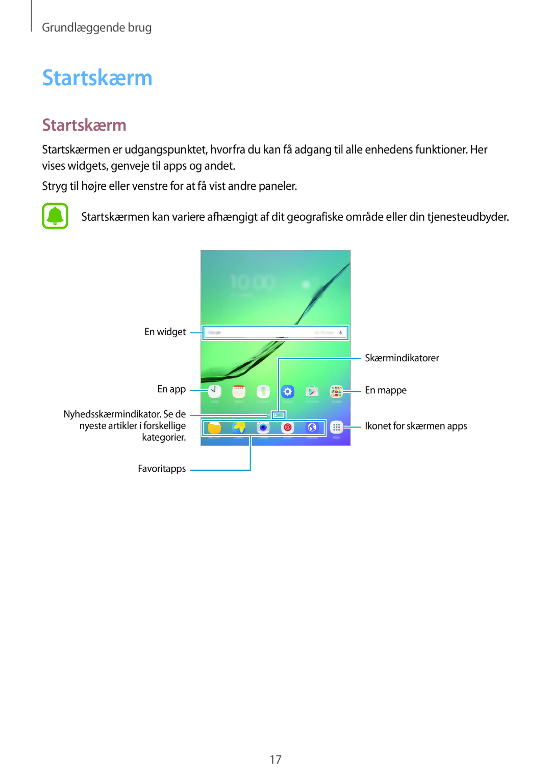 Samsung SM-T813NZKENEE, SM-T713NZWENEE, SM-T713NZKENEE, SM-T813NZWENEE manual Startskærm 