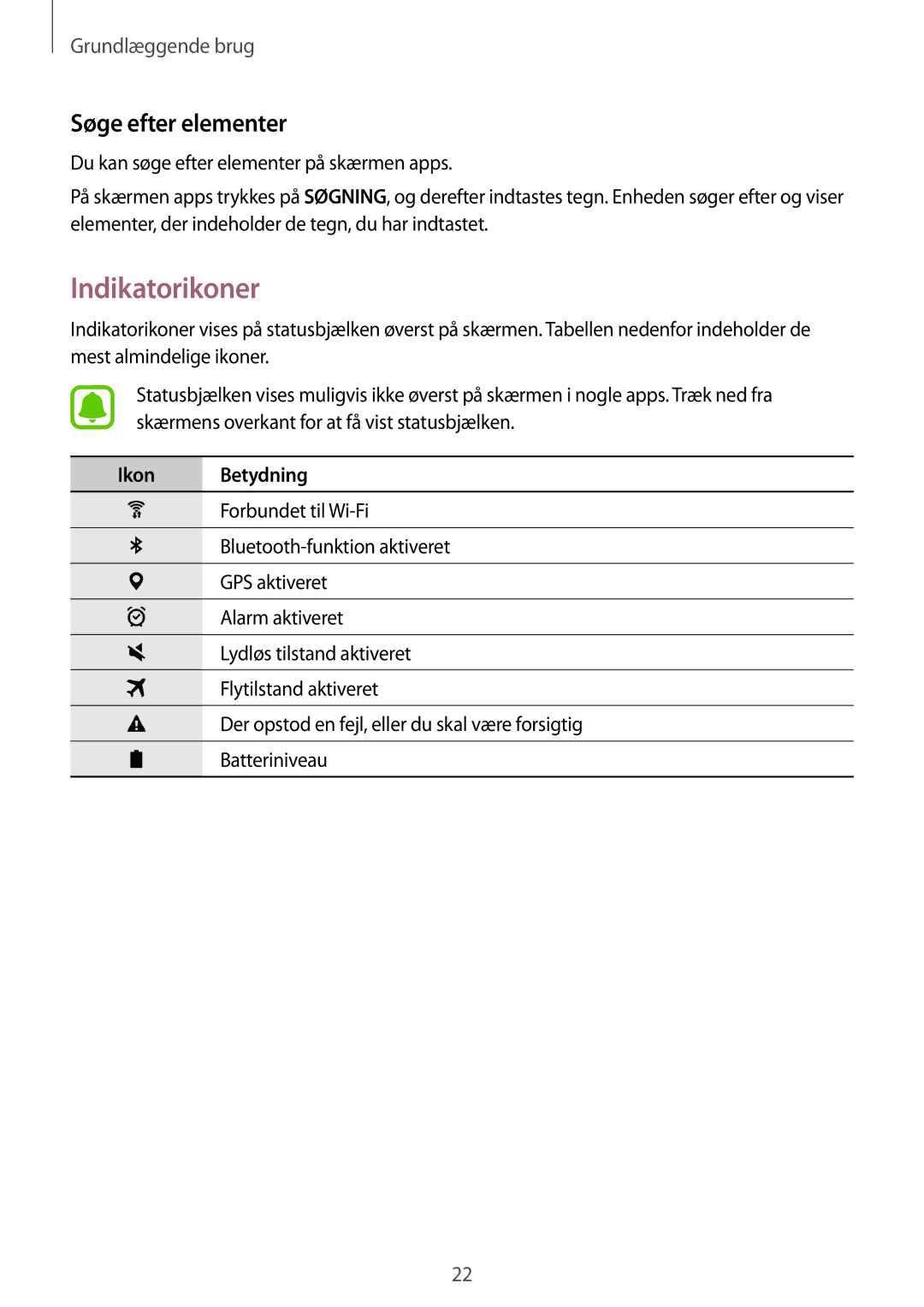 Samsung SM-T713NZKENEE, SM-T713NZWENEE, SM-T813NZKENEE, SM-T813NZWENEE Indikatorikoner, Søge efter elementer, Ikon Betydning 