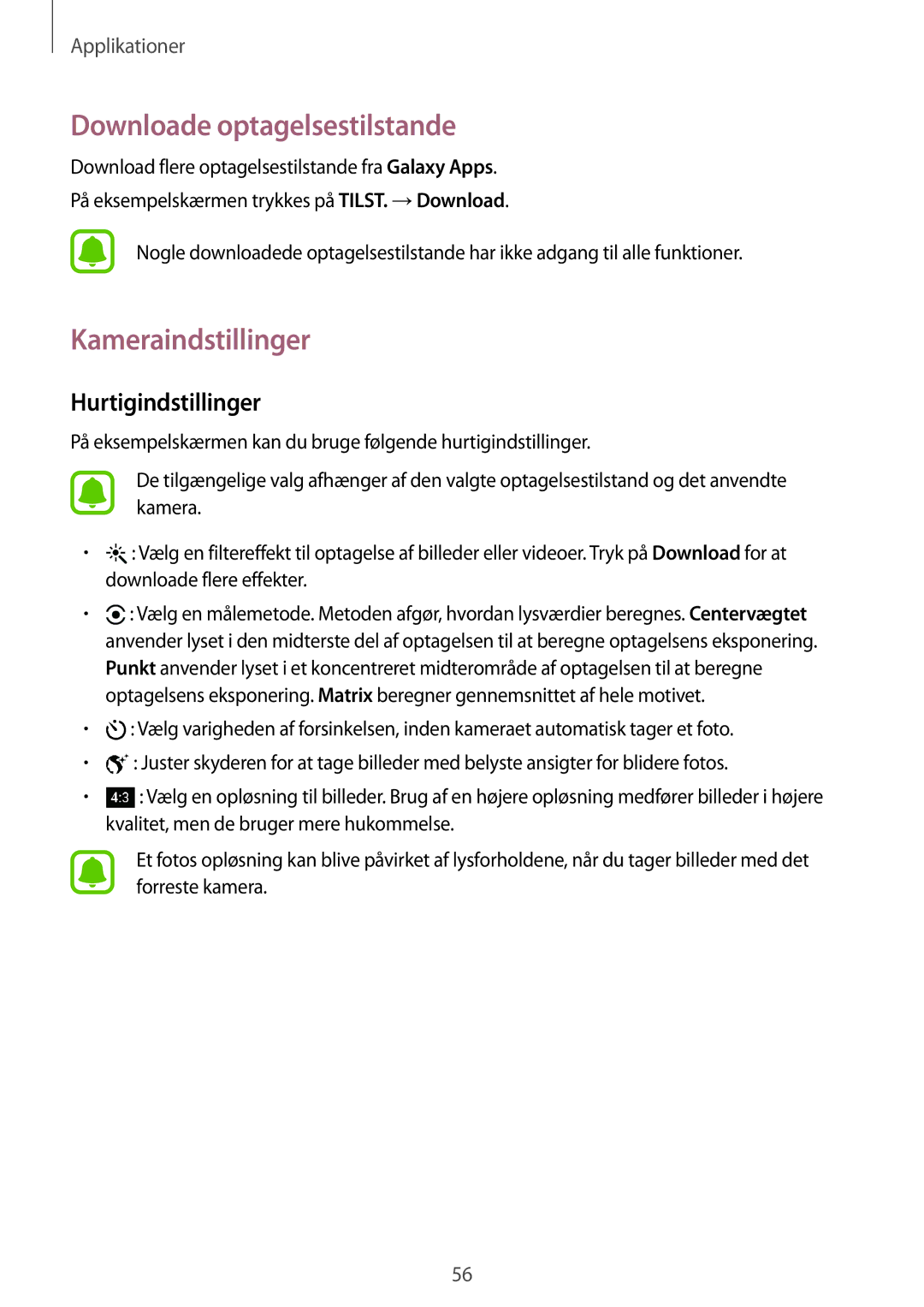 Samsung SM-T713NZWENEE, SM-T813NZKENEE manual Downloade optagelsestilstande, Kameraindstillinger, Hurtigindstillinger 