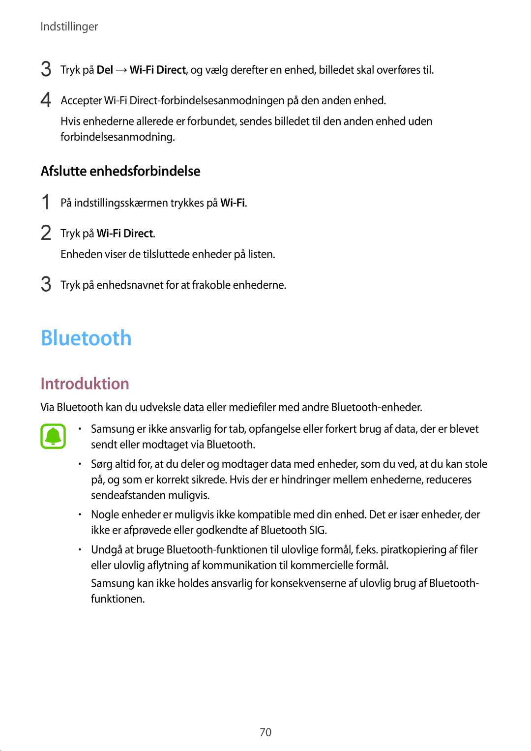 Samsung SM-T713NZKENEE, SM-T713NZWENEE manual Bluetooth, Afslutte enhedsforbindelse, På indstillingsskærmen trykkes på Wi-Fi 