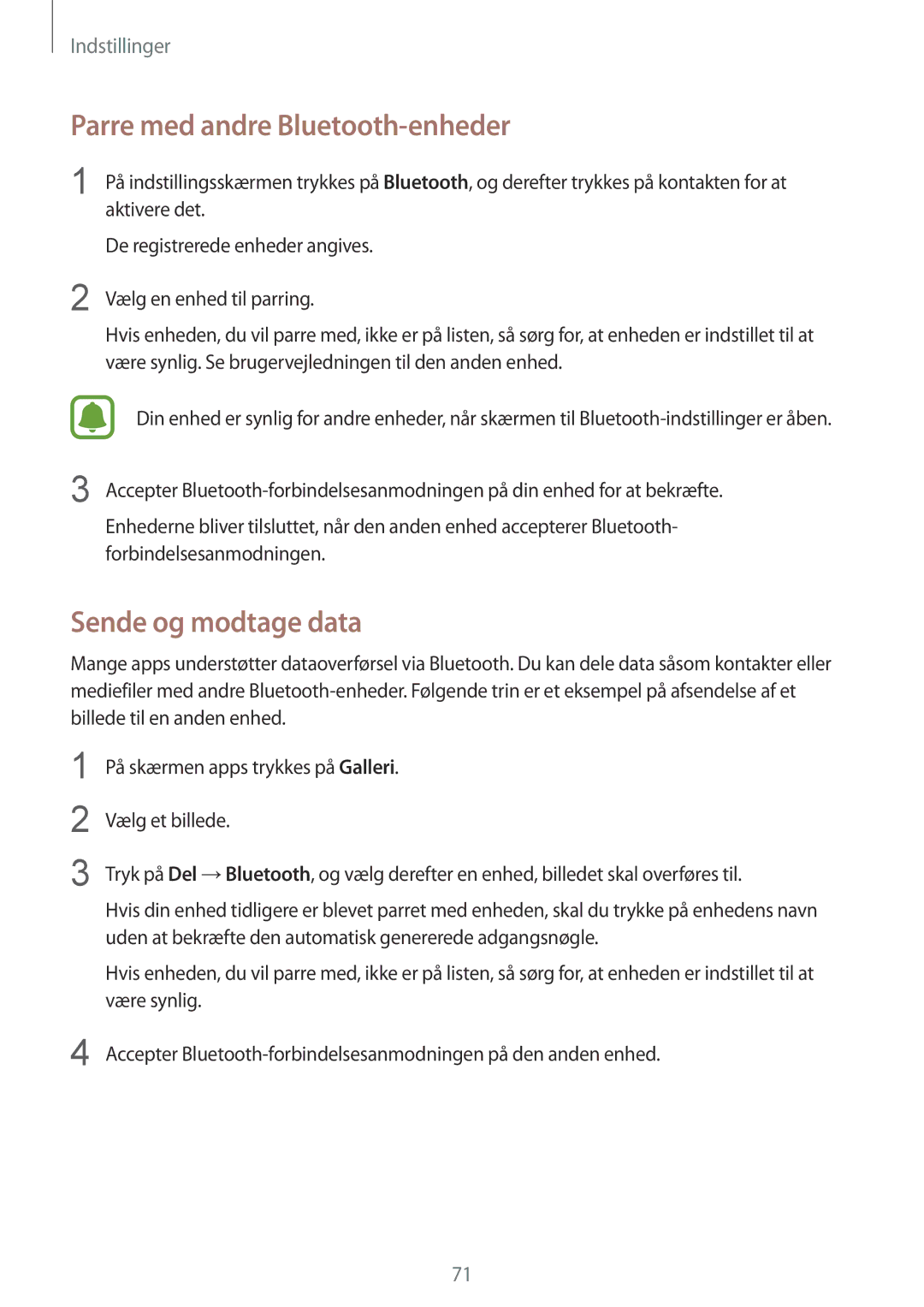 Samsung SM-T813NZWENEE, SM-T713NZWENEE, SM-T813NZKENEE manual Parre med andre Bluetooth-enheder, Sende og modtage data 