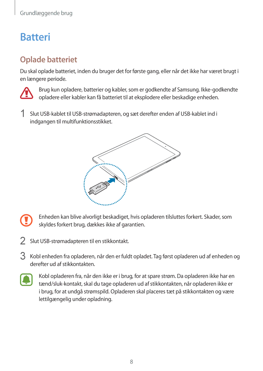Samsung SM-T713NZWENEE, SM-T813NZKENEE, SM-T713NZKENEE, SM-T813NZWENEE manual Batteri, Oplade batteriet 