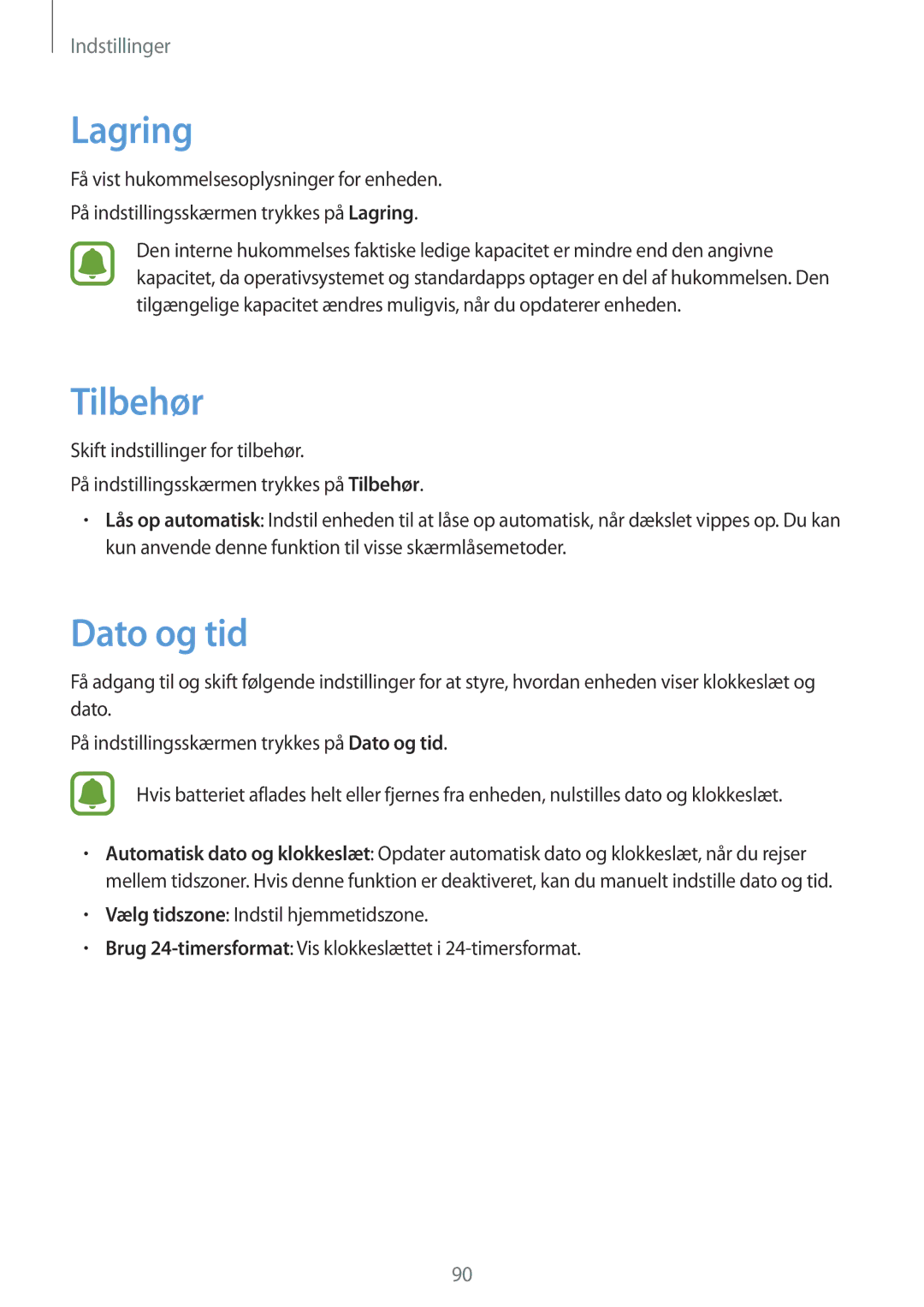 Samsung SM-T713NZKENEE, SM-T713NZWENEE, SM-T813NZKENEE, SM-T813NZWENEE manual Lagring, Tilbehør, Dato og tid 