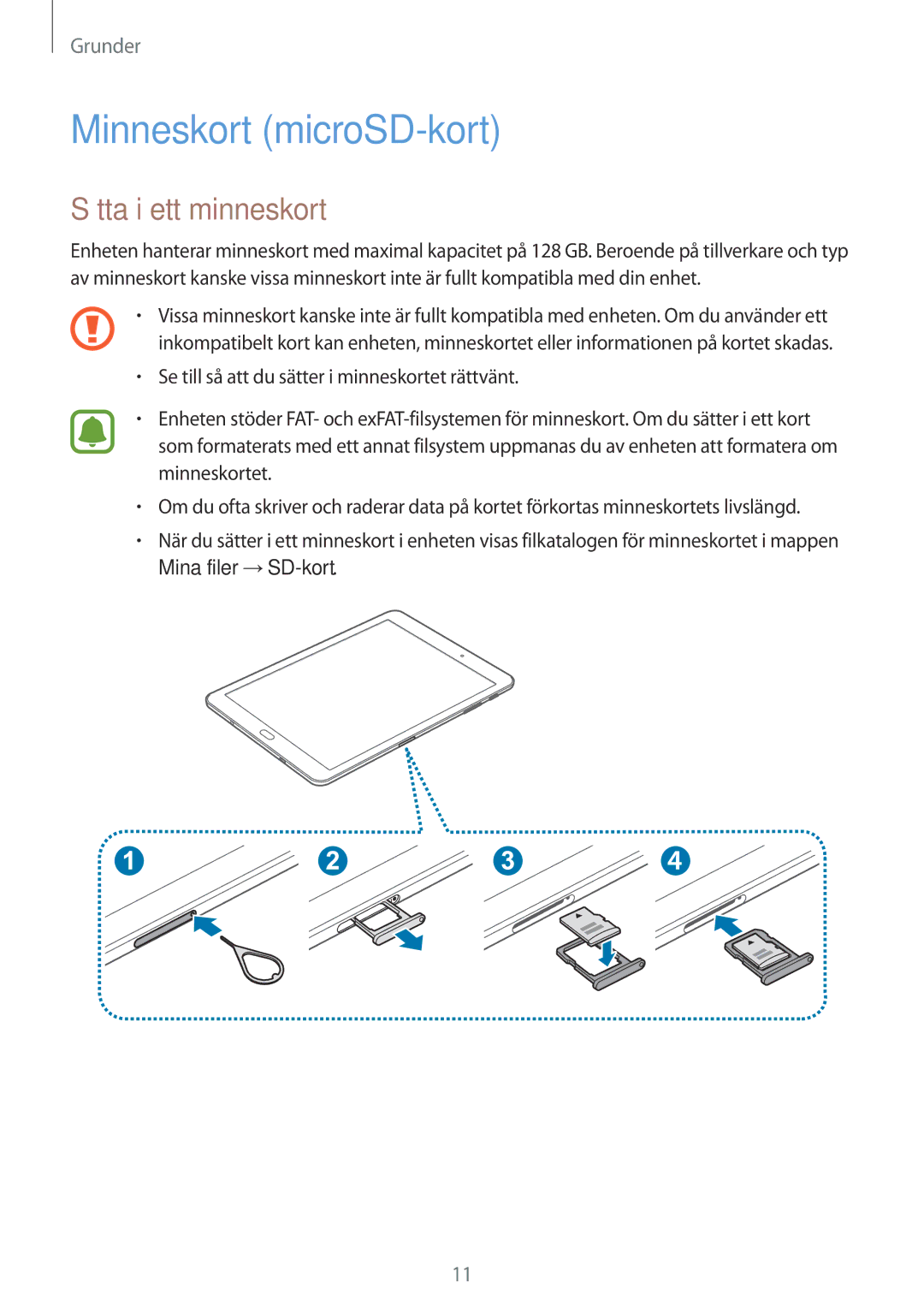 Samsung SM-T813NZWENEE, SM-T713NZWENEE, SM-T813NZKENEE, SM-T713NZKENEE manual Minneskort microSD-kort, Sätta i ett minneskort 