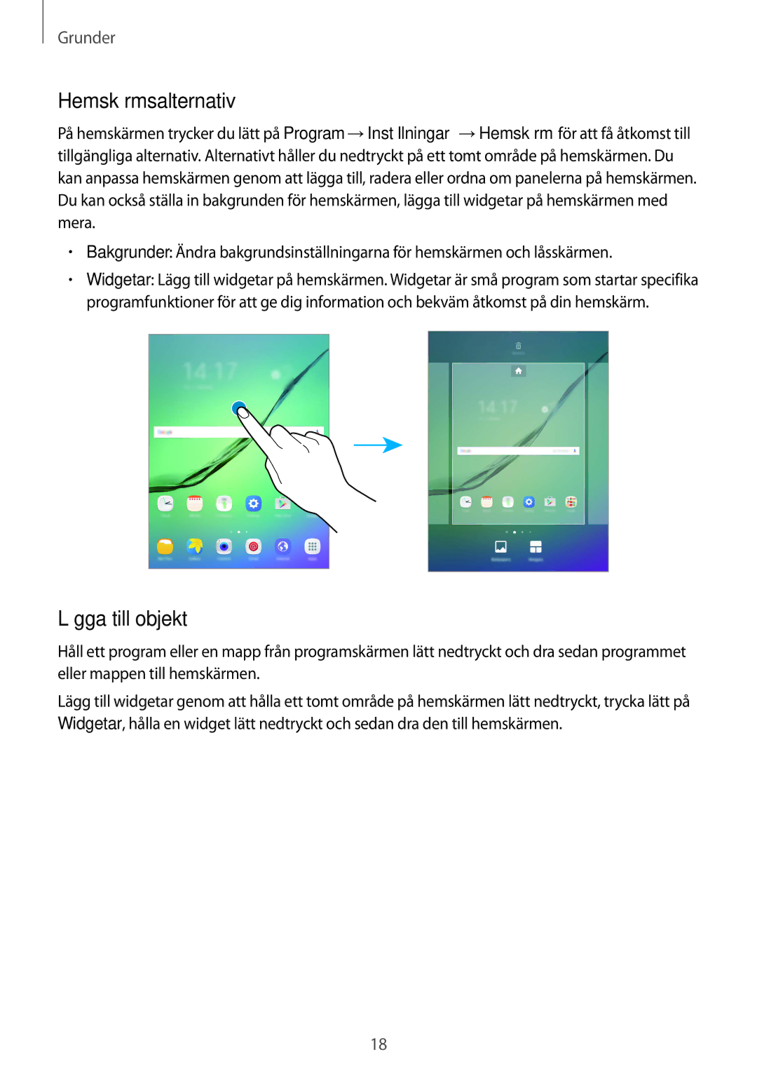 Samsung SM-T713NZKENEE, SM-T713NZWENEE, SM-T813NZKENEE, SM-T813NZWENEE manual Hemskärmsalternativ, Lägga till objekt 