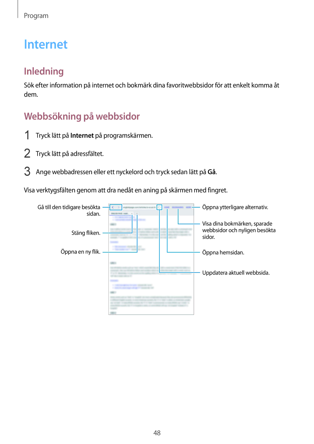 Samsung SM-T713NZWENEE, SM-T813NZKENEE, SM-T713NZKENEE, SM-T813NZWENEE manual Internet, Webbsökning på webbsidor 