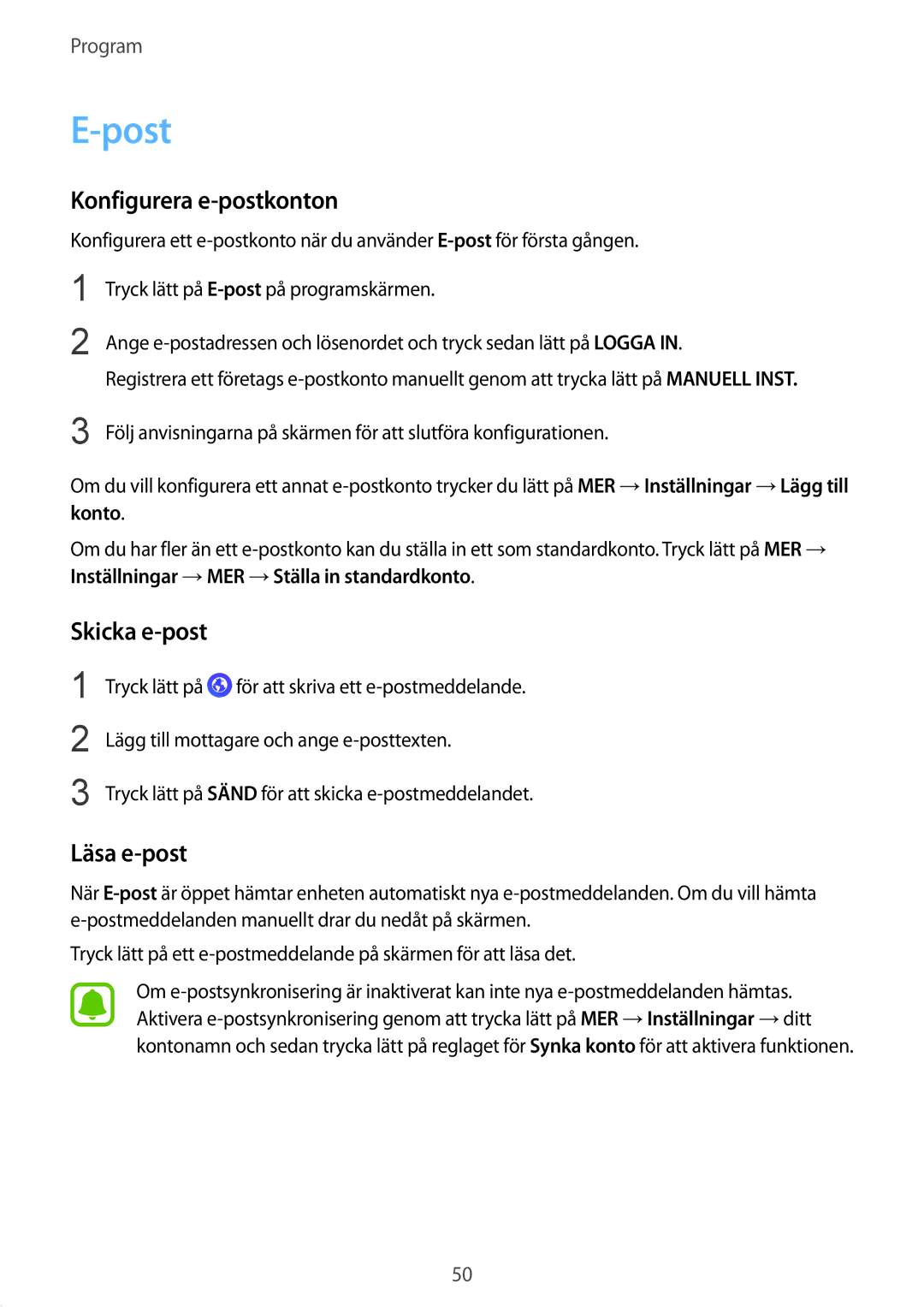 Samsung SM-T713NZKENEE, SM-T713NZWENEE, SM-T813NZKENEE manual Post, Konfigurera e-postkonton, Skicka e-post, Läsa e-post 