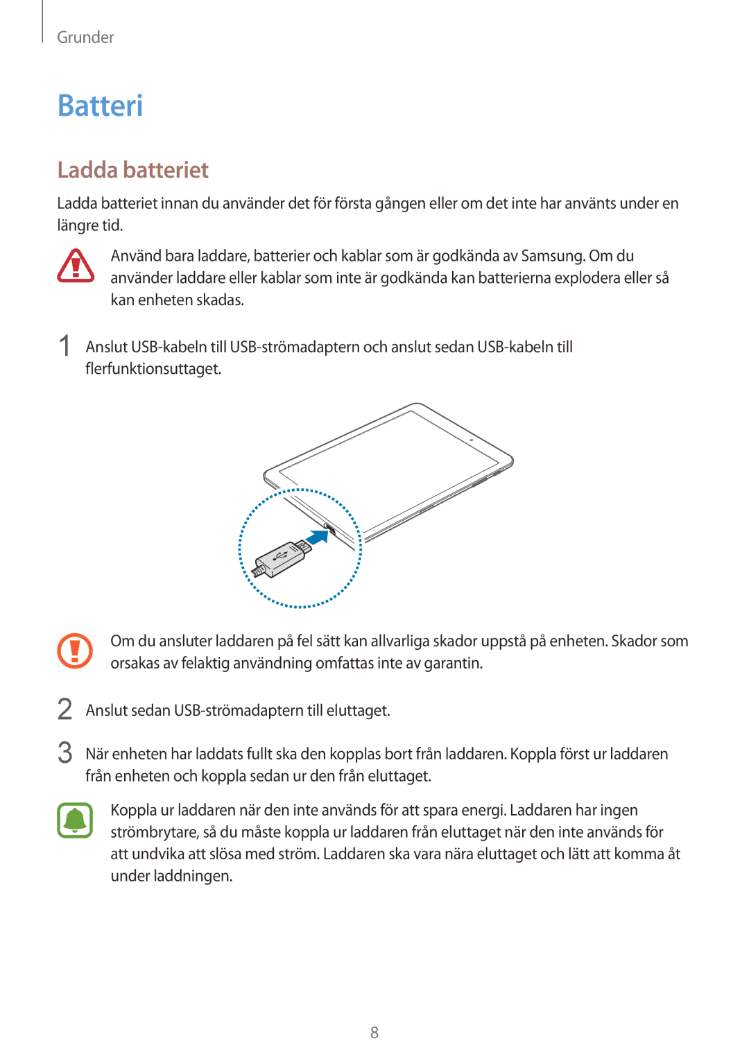 Samsung SM-T713NZWENEE, SM-T813NZKENEE, SM-T713NZKENEE, SM-T813NZWENEE manual Batteri, Ladda batteriet 