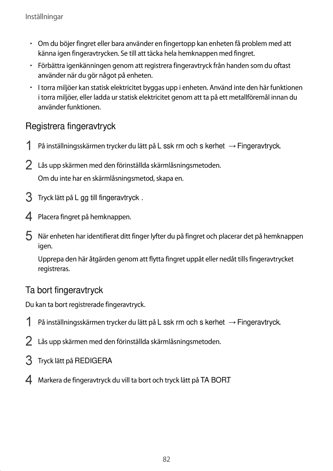 Samsung SM-T713NZKENEE manual Registrera fingeravtryck, Ta bort fingeravtryck, Tryck lätt på Lägg till fingeravtryck 