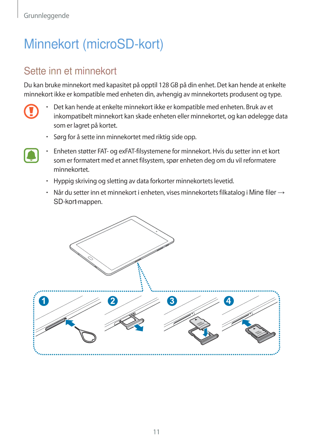 Samsung SM-T813NZWENEE, SM-T713NZWENEE, SM-T813NZKENEE, SM-T713NZKENEE manual Minnekort microSD-kort, Sette inn et minnekort 