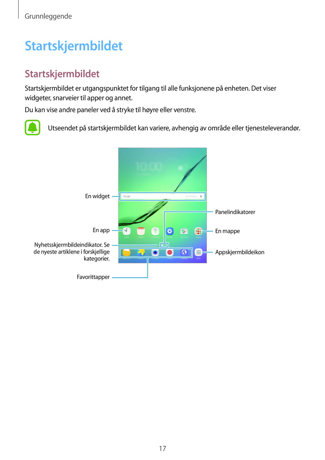 Samsung SM-T813NZKENEE, SM-T713NZWENEE, SM-T713NZKENEE, SM-T813NZWENEE manual Startskjermbildet 