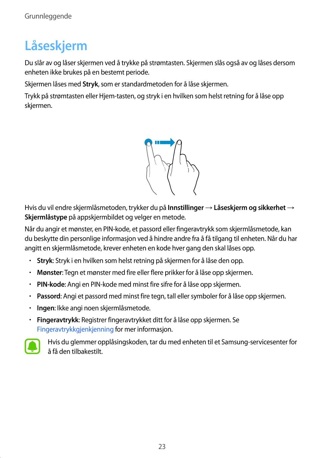 Samsung SM-T813NZWENEE, SM-T713NZWENEE, SM-T813NZKENEE, SM-T713NZKENEE manual Låseskjerm 