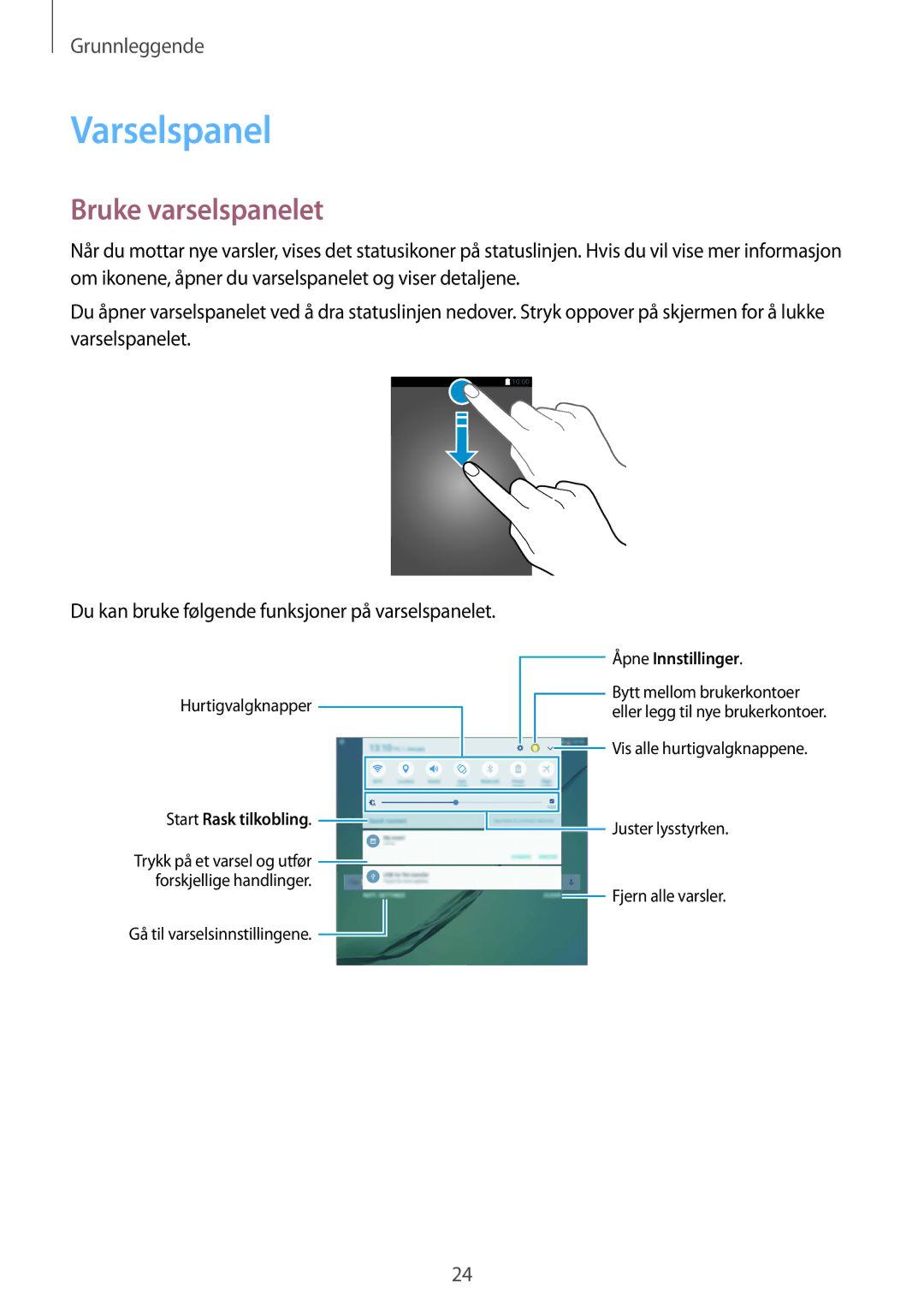 Samsung SM-T713NZWENEE, SM-T813NZKENEE, SM-T713NZKENEE, SM-T813NZWENEE manual Varselspanel, Bruke varselspanelet 