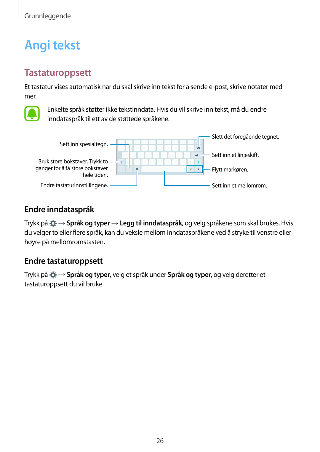 Samsung SM-T713NZKENEE, SM-T713NZWENEE manual Angi tekst, Tastaturoppsett, Endre inndataspråk, Endre tastaturoppsett 