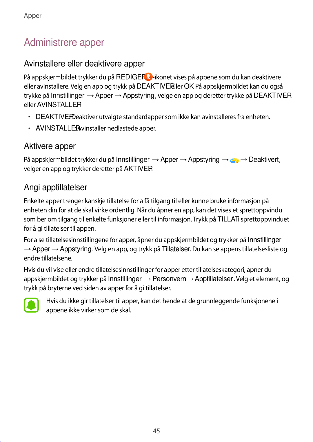 Samsung SM-T813NZKENEE manual Administrere apper, Avinstallere eller deaktivere apper, Aktivere apper, Angi apptillatelser 