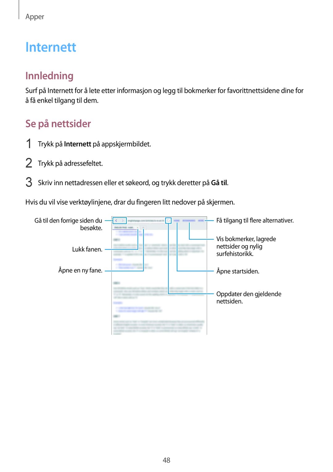 Samsung SM-T713NZWENEE, SM-T813NZKENEE, SM-T713NZKENEE, SM-T813NZWENEE manual Internett, Se på nettsider 