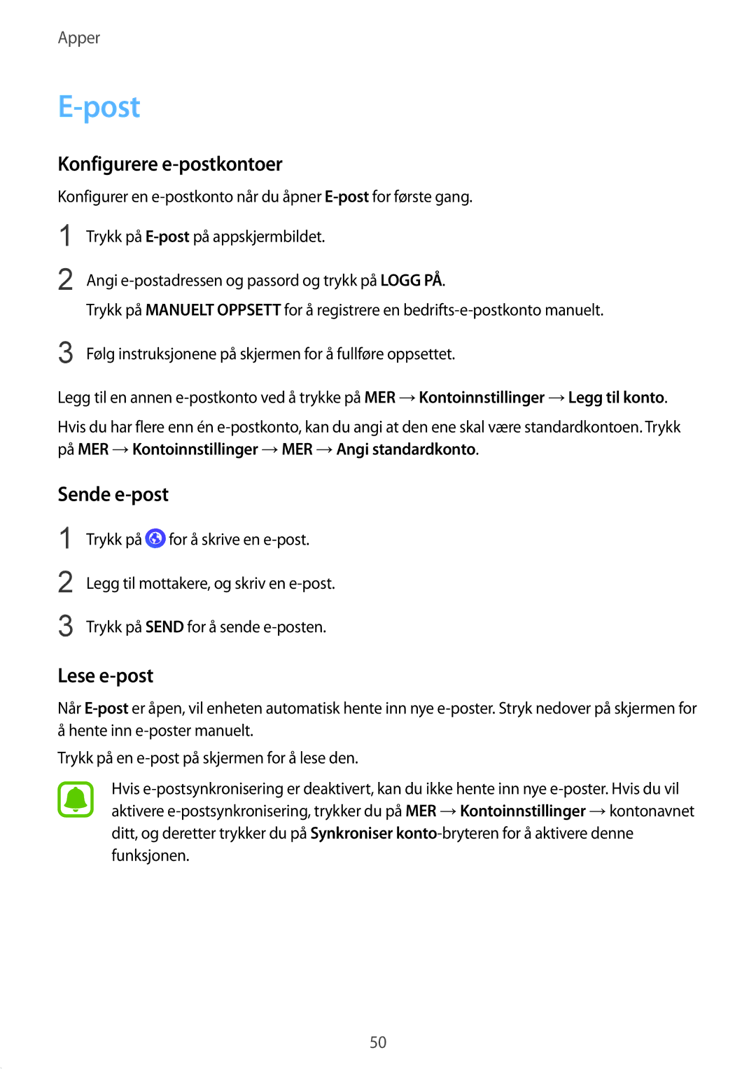 Samsung SM-T713NZKENEE, SM-T713NZWENEE, SM-T813NZKENEE manual Post, Konfigurere e-postkontoer, Sende e-post, Lese e-post 