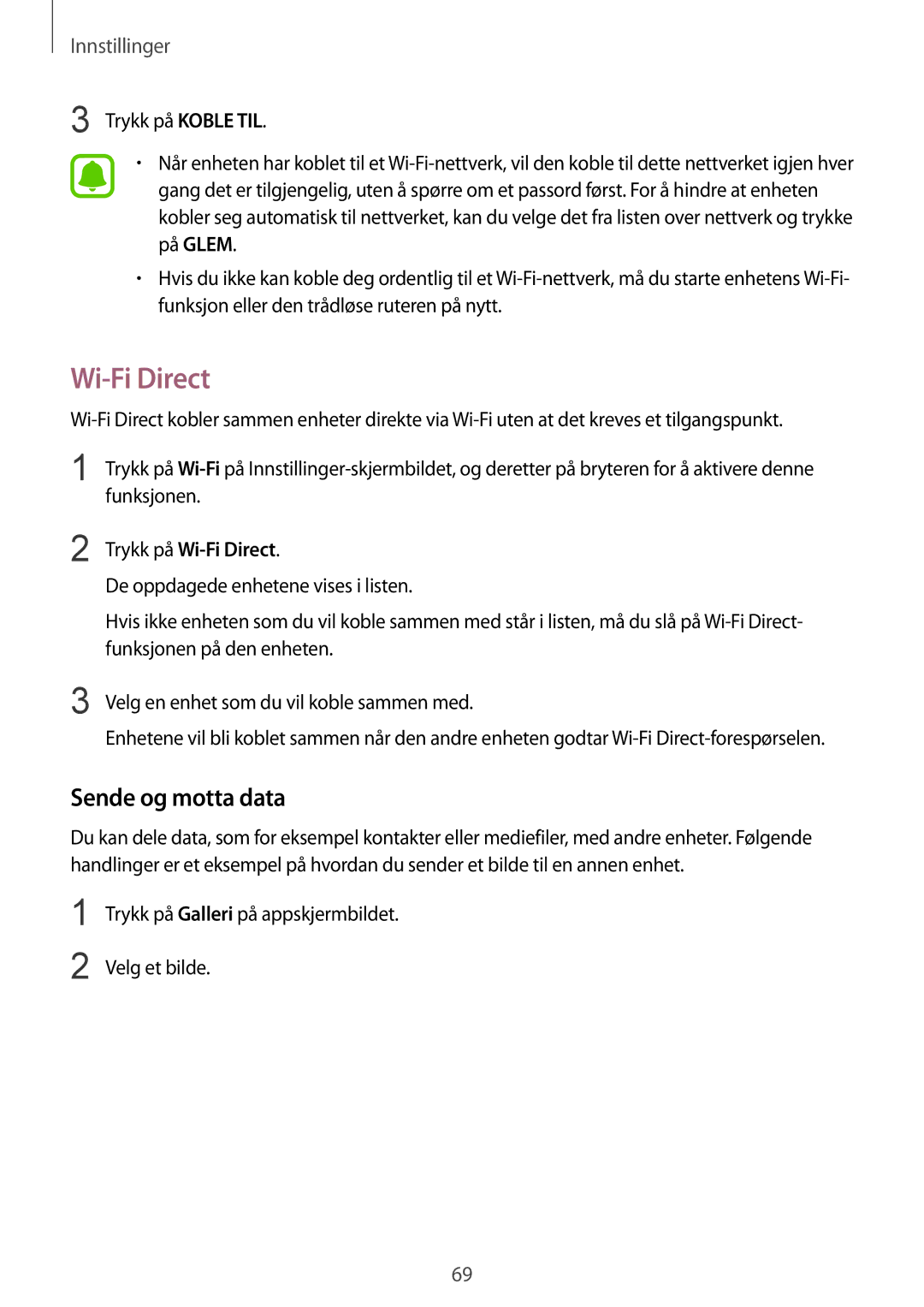 Samsung SM-T813NZKENEE, SM-T713NZWENEE, SM-T713NZKENEE, SM-T813NZWENEE manual Sende og motta data, Trykk på Wi-Fi Direct 