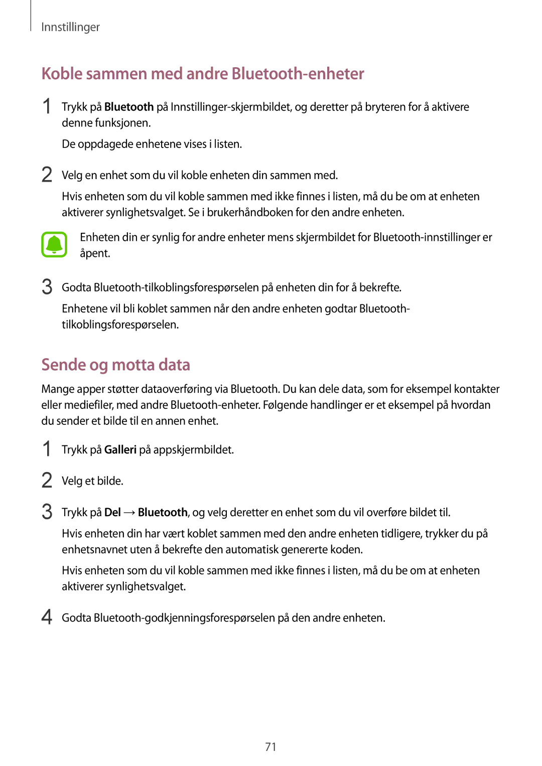 Samsung SM-T813NZWENEE, SM-T713NZWENEE, SM-T813NZKENEE manual Koble sammen med andre Bluetooth-enheter, Sende og motta data 
