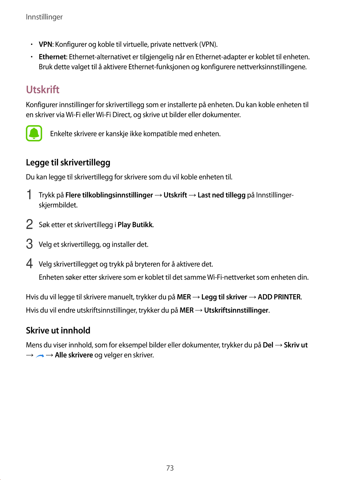 Samsung SM-T813NZKENEE, SM-T713NZWENEE, SM-T713NZKENEE, SM-T813NZWENEE Utskrift, Legge til skrivertillegg, Skrive ut innhold 