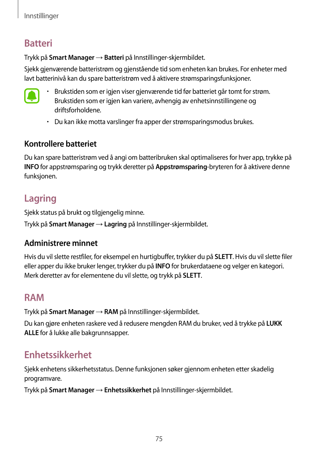 Samsung SM-T813NZWENEE, SM-T713NZWENEE manual Batteri, Lagring, Enhetssikkerhet, Kontrollere batteriet, Administrere minnet 