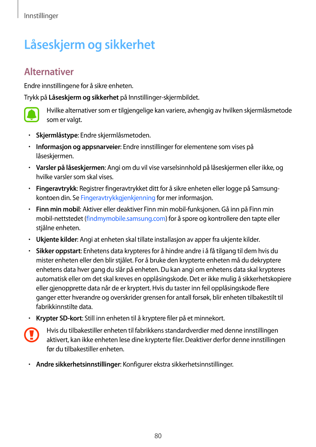 Samsung SM-T713NZWENEE, SM-T813NZKENEE, SM-T713NZKENEE, SM-T813NZWENEE manual Låseskjerm og sikkerhet, Alternativer 