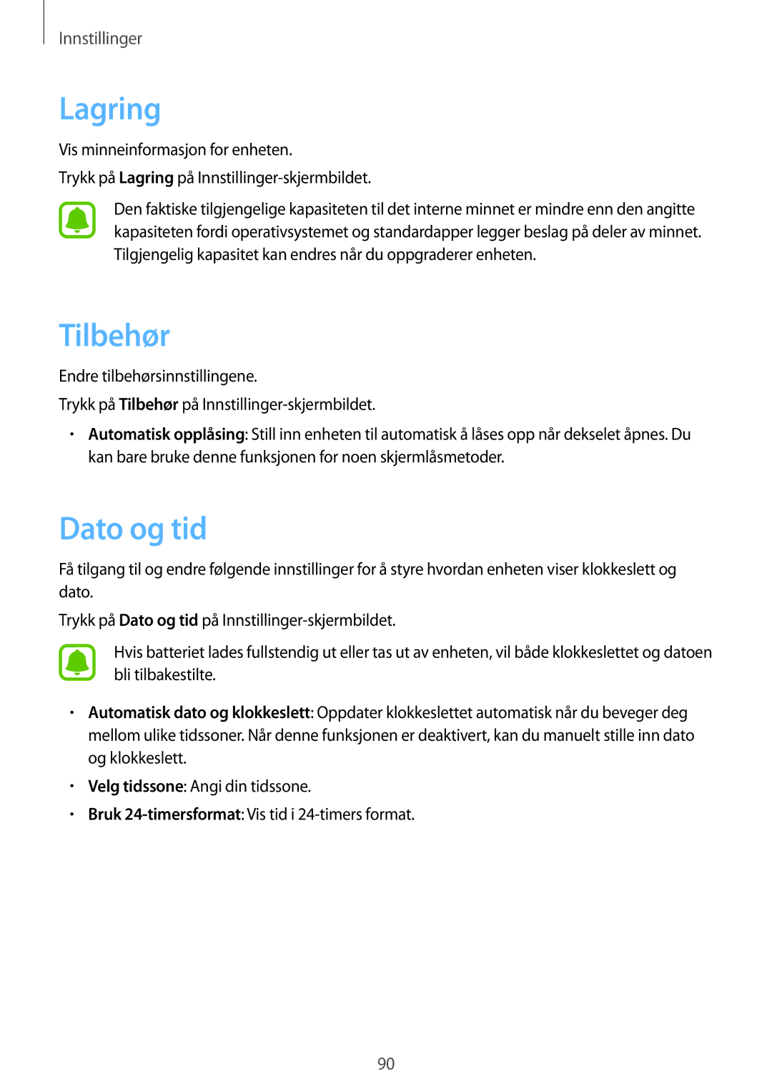 Samsung SM-T713NZKENEE, SM-T713NZWENEE, SM-T813NZKENEE, SM-T813NZWENEE manual Lagring, Tilbehør, Dato og tid 