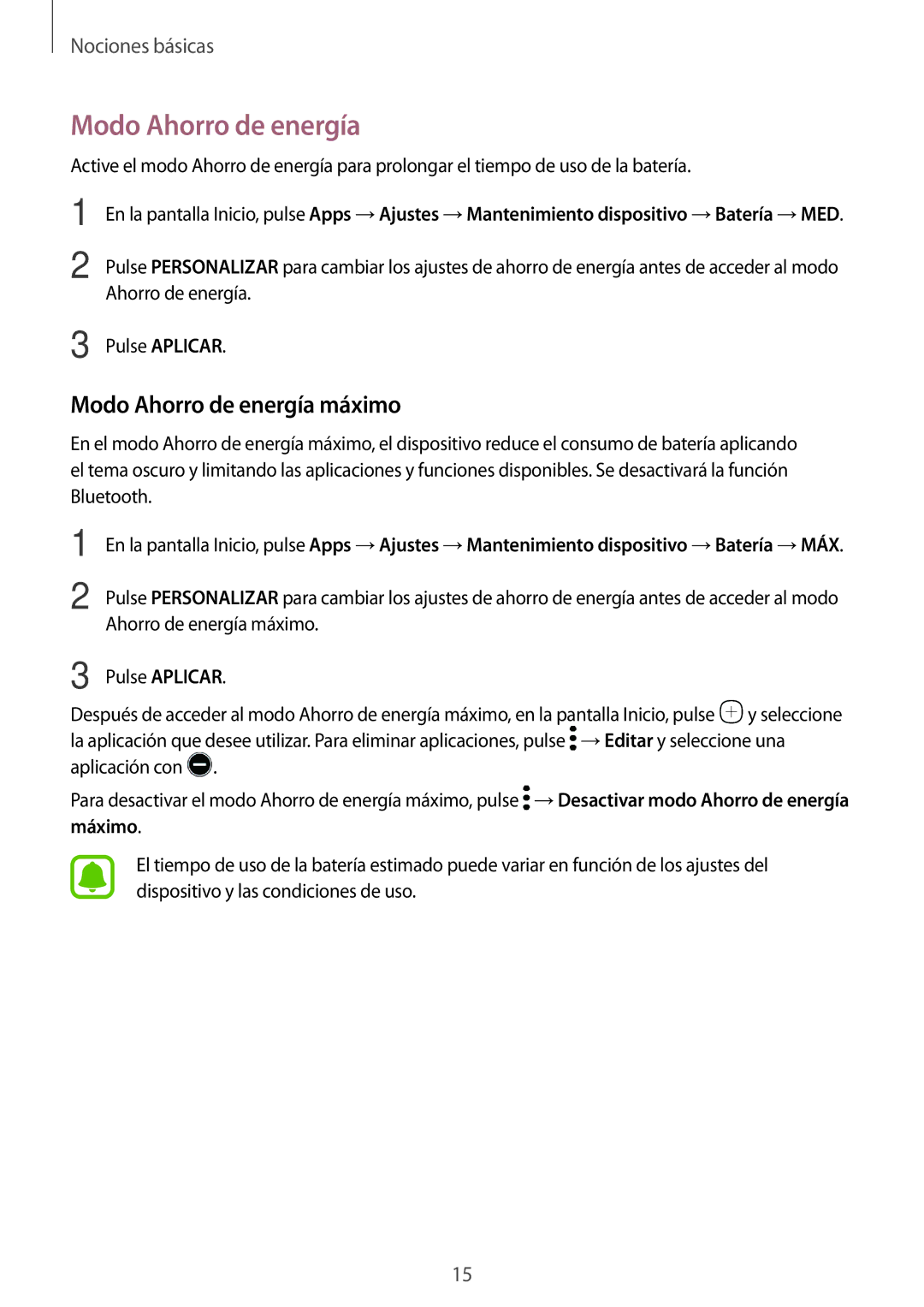 Samsung SM-T713NZKEPHE, SM-T713NZWEPHE, SM-T813NZKEPHE, SM-T813NZWEPHE manual Modo Ahorro de energía máximo 