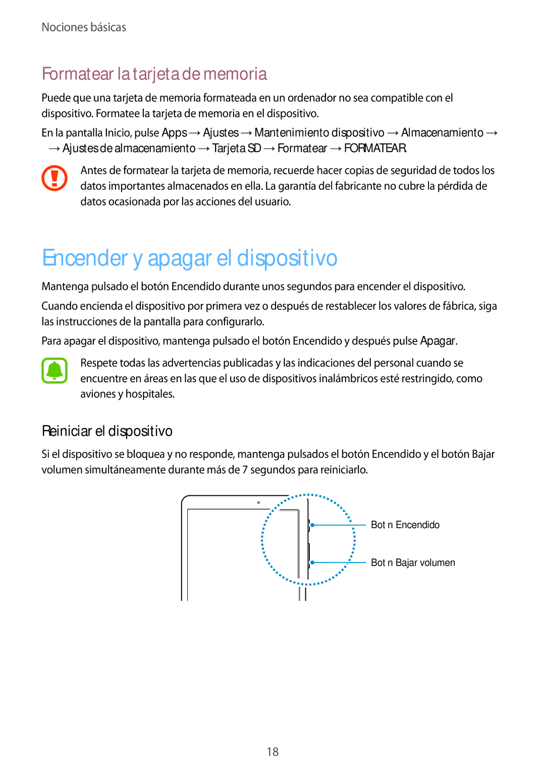 Samsung SM-T813NZWEPHE manual Encender y apagar el dispositivo, Formatear la tarjeta de memoria, Reiniciar el dispositivo 