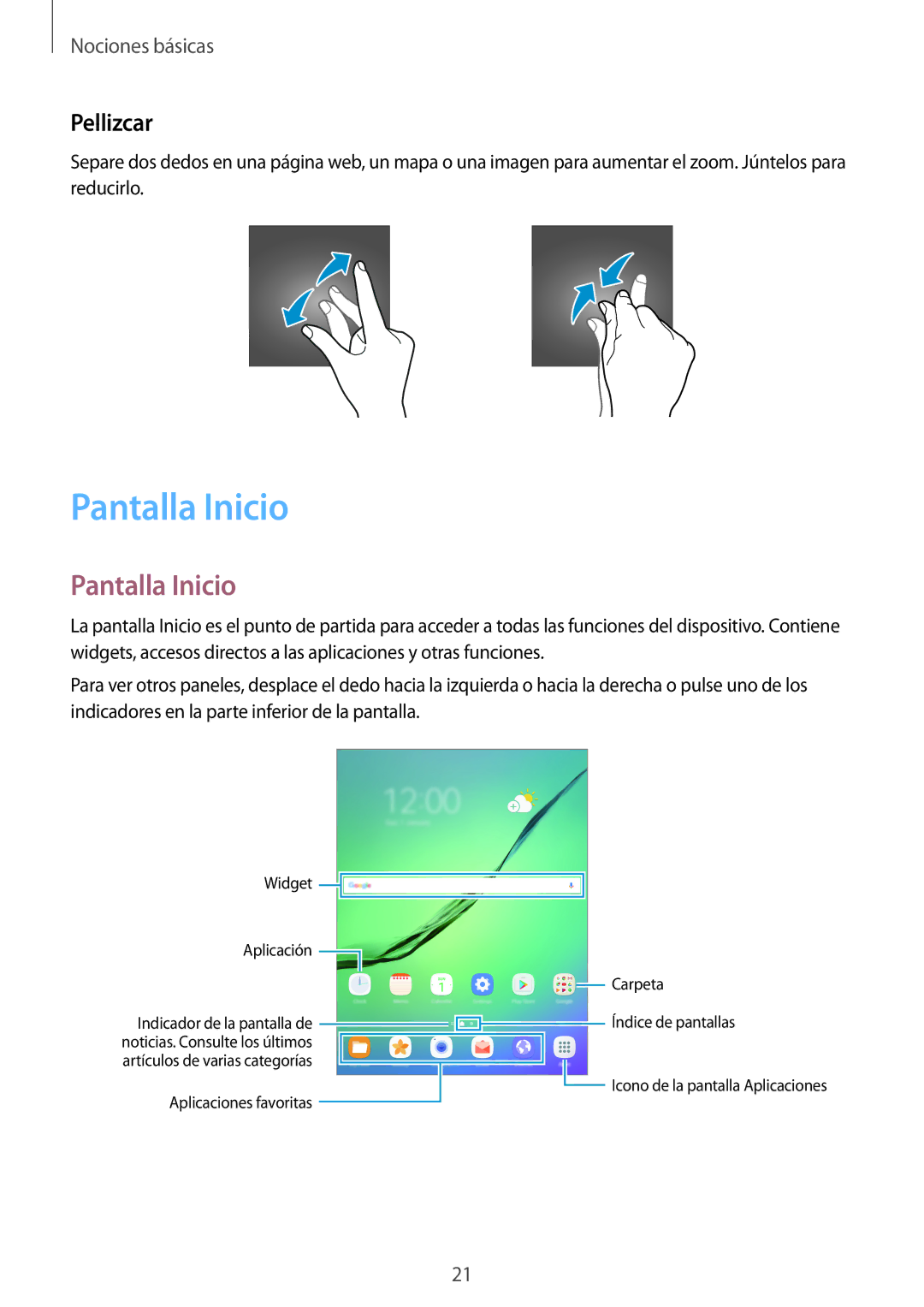 Samsung SM-T813NZKEPHE, SM-T713NZWEPHE, SM-T813NZWEPHE, SM-T713NZKEPHE manual Pantalla Inicio, Pellizcar 