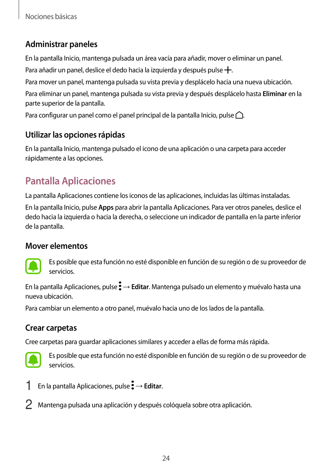 Samsung SM-T713NZWEPHE, SM-T813NZKEPHE manual Pantalla Aplicaciones, Administrar paneles, Utilizar las opciones rápidas 