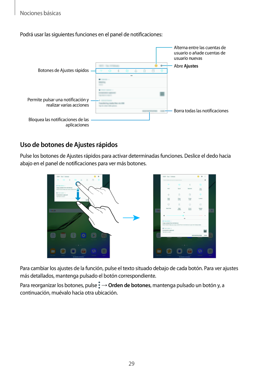 Samsung SM-T813NZKEPHE, SM-T713NZWEPHE, SM-T813NZWEPHE manual Uso de botones de Ajustes rápidos, Botones de Ajustes rápidos 