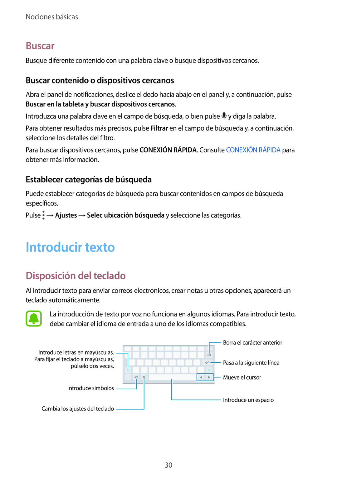 Samsung SM-T813NZWEPHE manual Introducir texto, Disposición del teclado, Buscar contenido o dispositivos cercanos 