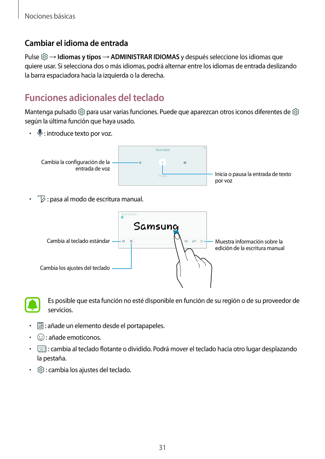 Samsung SM-T713NZKEPHE, SM-T713NZWEPHE, SM-T813NZKEPHE manual Funciones adicionales del teclado, Cambiar el idioma de entrada 