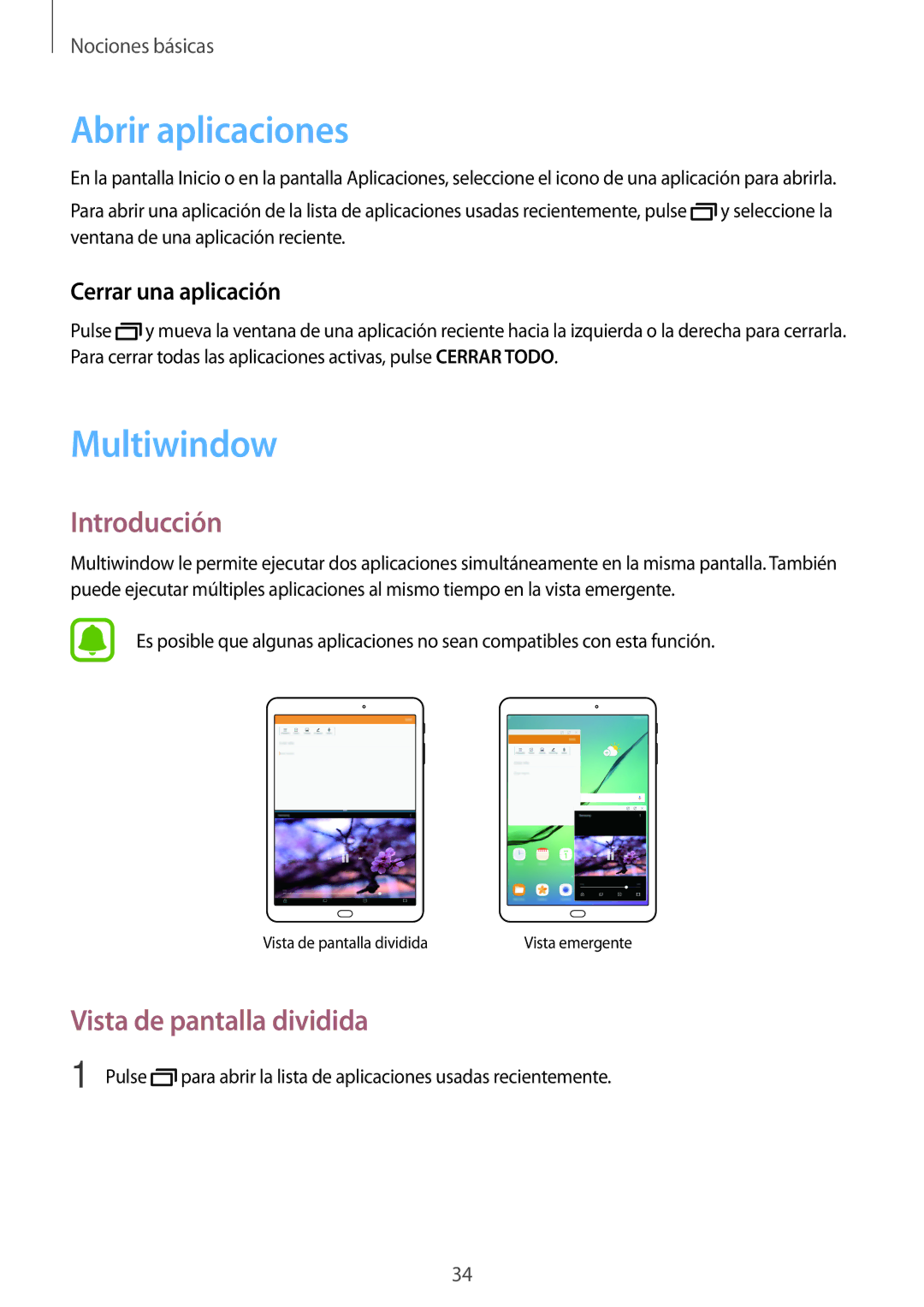 Samsung SM-T813NZWEPHE Abrir aplicaciones, Multiwindow, Introducción, Vista de pantalla dividida, Cerrar una aplicación 