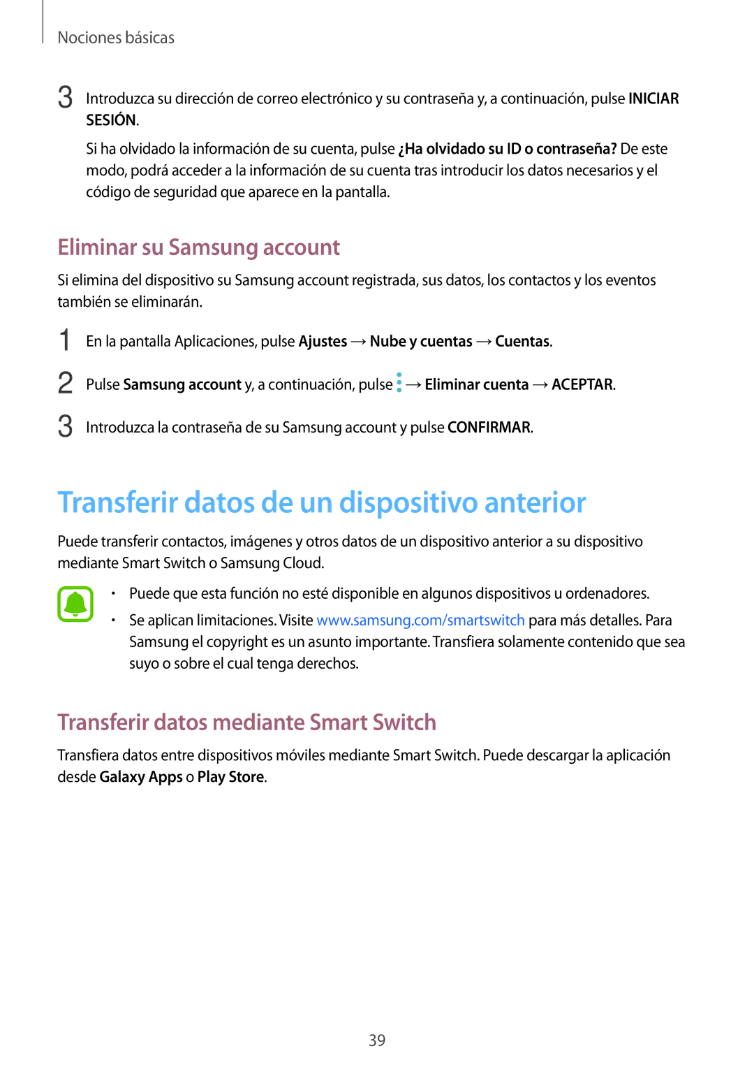 Samsung SM-T713NZKEPHE, SM-T713NZWEPHE manual Transferir datos de un dispositivo anterior, Eliminar su Samsung account 