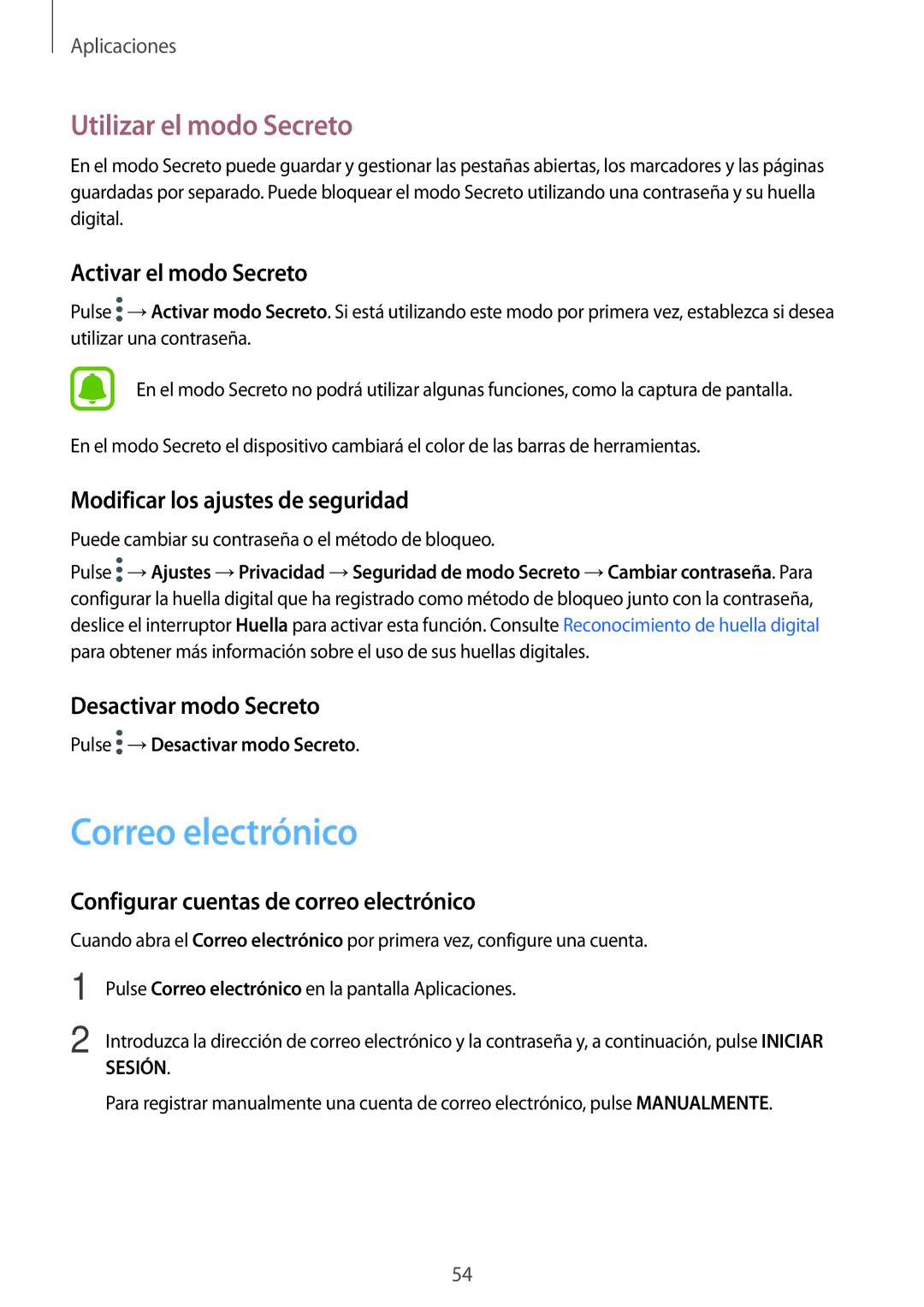 Samsung SM-T813NZWEPHE, SM-T713NZWEPHE, SM-T813NZKEPHE, SM-T713NZKEPHE manual Correo electrónico, Utilizar el modo Secreto 