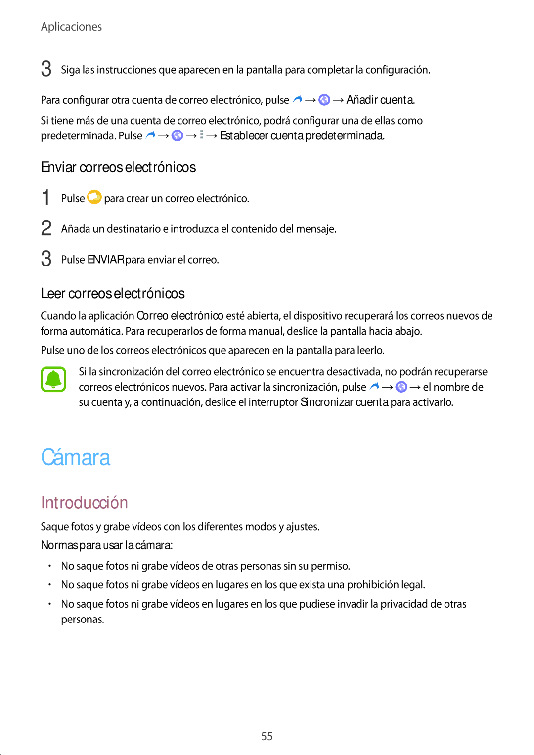 Samsung SM-T713NZKEPHE manual Cámara, Enviar correos electrónicos, Leer correos electrónicos, Normas para usar la cámara 