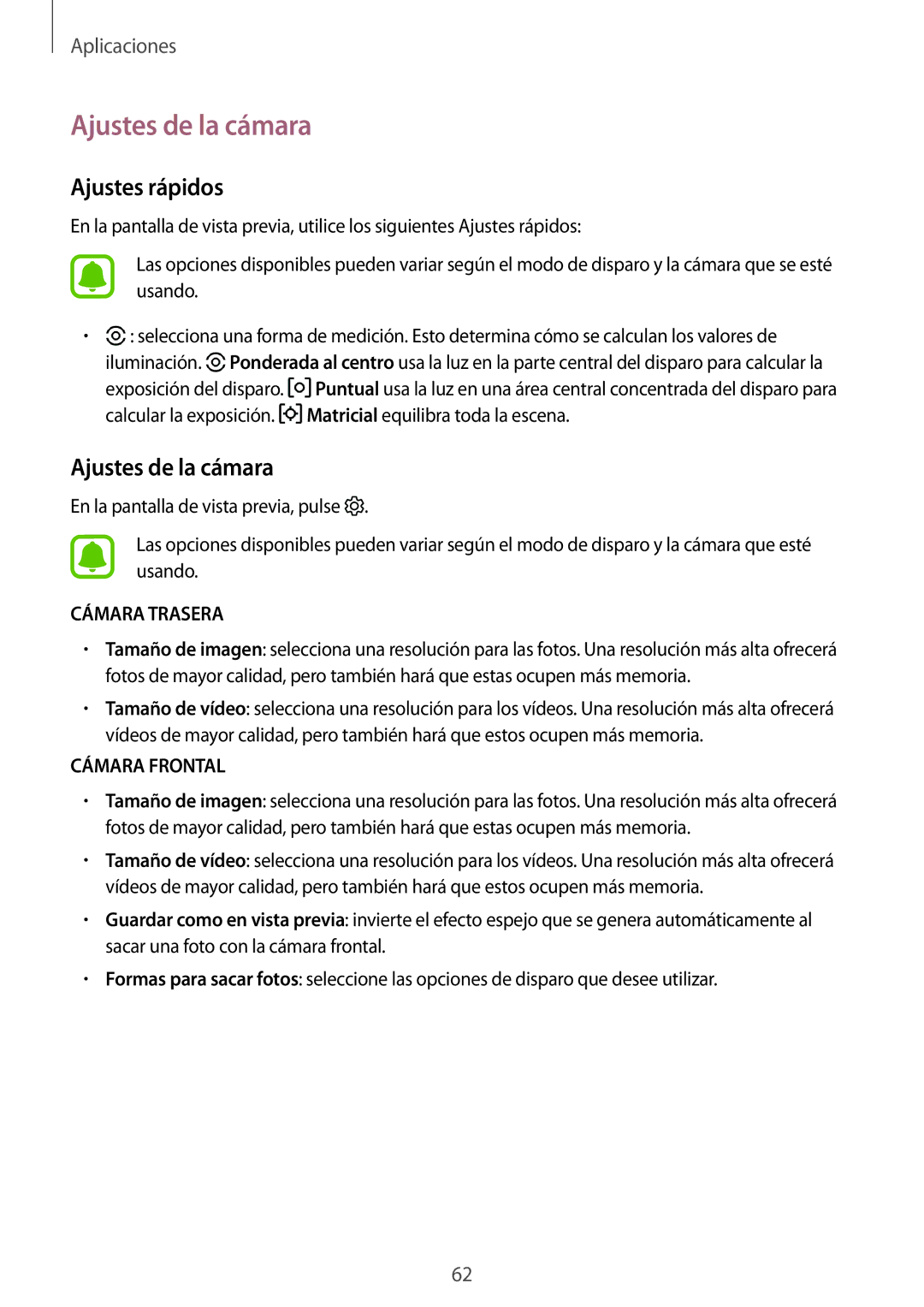 Samsung SM-T813NZWEPHE, SM-T713NZWEPHE, SM-T813NZKEPHE, SM-T713NZKEPHE manual Ajustes de la cámara, Ajustes rápidos 