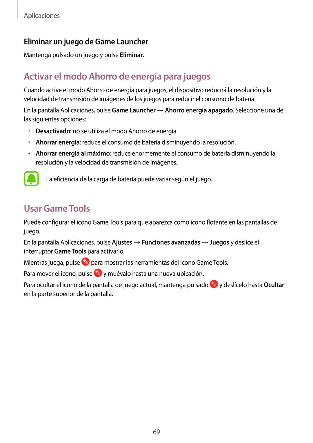Samsung SM-T813NZKEPHE Activar el modo Ahorro de energía para juegos, Usar Game Tools, Eliminar un juego de Game Launcher 