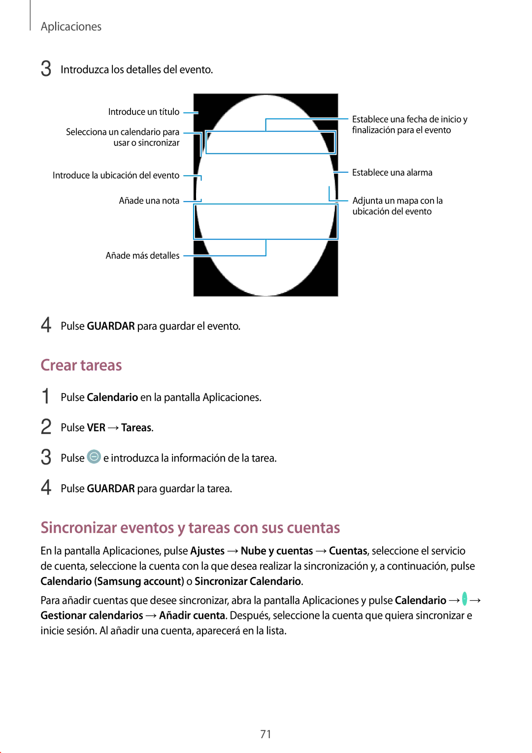 Samsung SM-T713NZKEPHE, SM-T713NZWEPHE manual Crear tareas, Sincronizar eventos y tareas con sus cuentas, Pulse VER →Tareas 