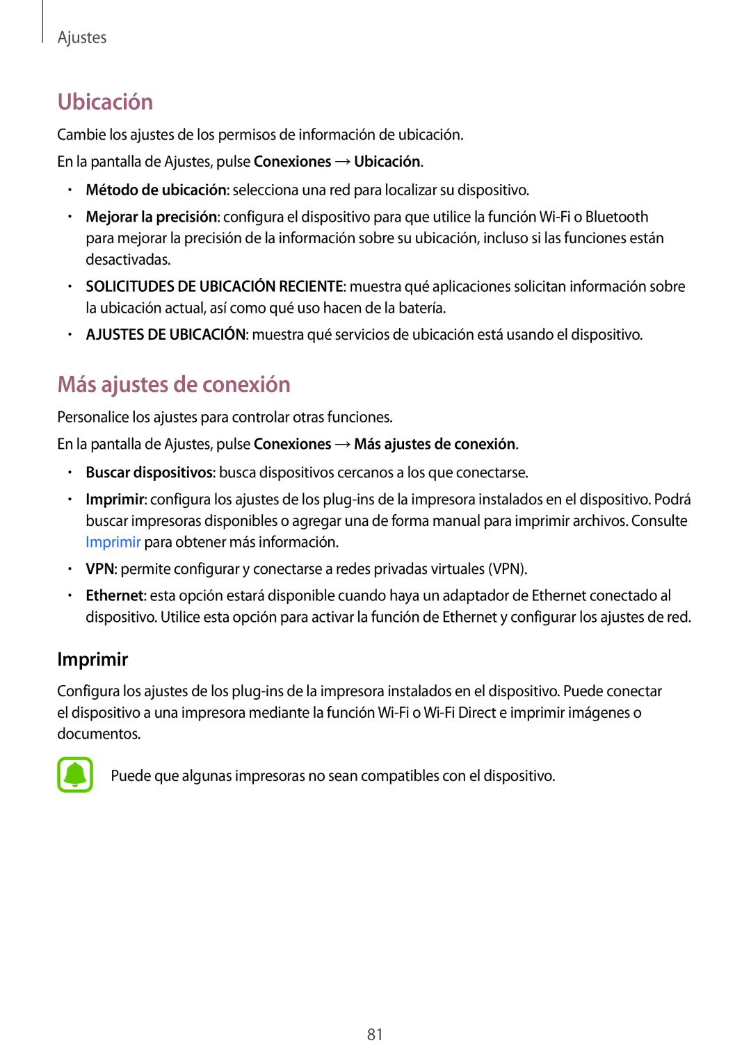 Samsung SM-T813NZKEPHE, SM-T713NZWEPHE, SM-T813NZWEPHE, SM-T713NZKEPHE manual Ubicación, Más ajustes de conexión, Imprimir 