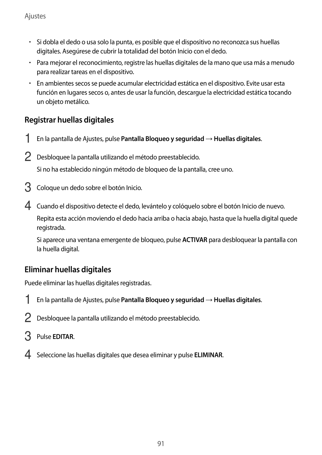 Samsung SM-T713NZKEPHE, SM-T713NZWEPHE, SM-T813NZKEPHE manual Registrar huellas digitales, Eliminar huellas digitales 