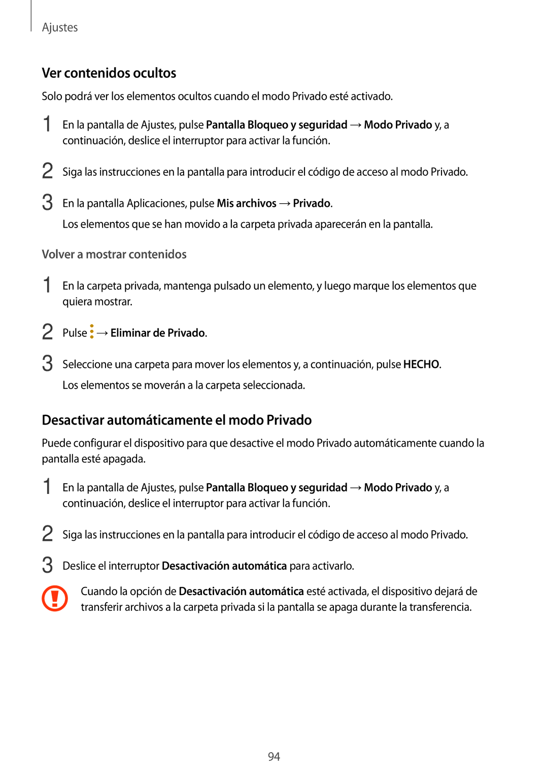 Samsung SM-T813NZWEPHE Ver contenidos ocultos, Desactivar automáticamente el modo Privado, Pulse →Eliminar de Privado 