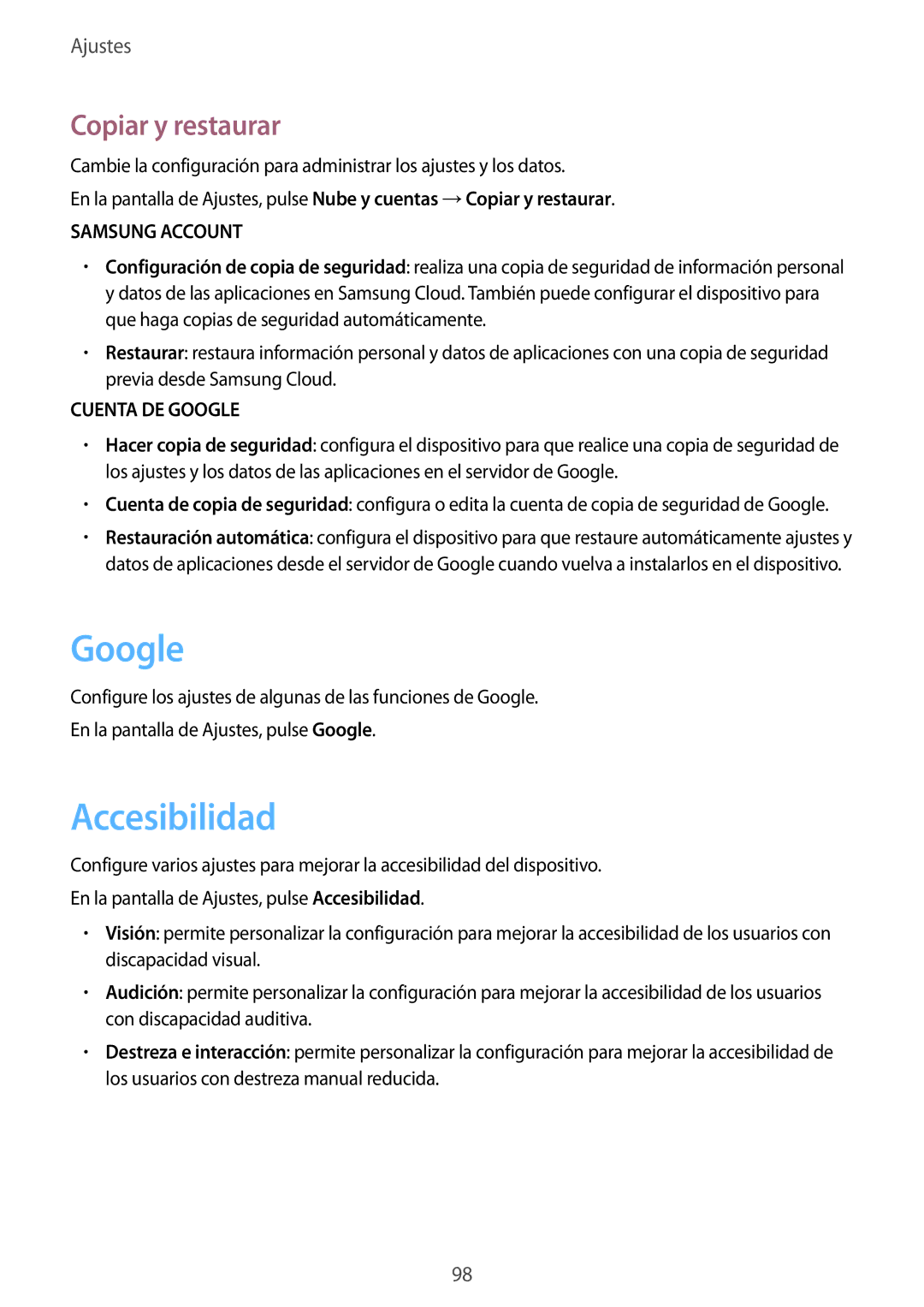 Samsung SM-T813NZWEPHE, SM-T713NZWEPHE, SM-T813NZKEPHE, SM-T713NZKEPHE manual Google, Accesibilidad, Copiar y restaurar 